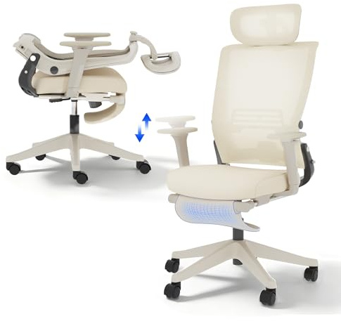 FLEXISPOT Ergonomischer Bürostuhl, Foldex, klappbarer Bürostuhl für Kleine Räume mit Lendenwirbelstütze, Höhenverstellbaren Armlehnen, 2D Kopfstütze, Schreibtischstühle mit Fußstütze Creamweiß