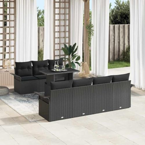 Yunovire Gartensofa-Set 8-teilig Schwarz Poly-Rattan mit Kissen, Höhenverstellbarer Tisch, Modulares Design, Wetterfest, für Terrasse, Balkon, Außenbereich