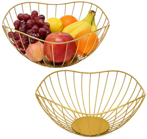 Bofanze 2 Stück Obstkorb Metall Obstschale Gold Draht Obstkorb Hohler | Gold, ausgehöhlt, groß, schön, modisch, Geschenk,für Obst,Brot,Gemüse und andere Lebensmittel