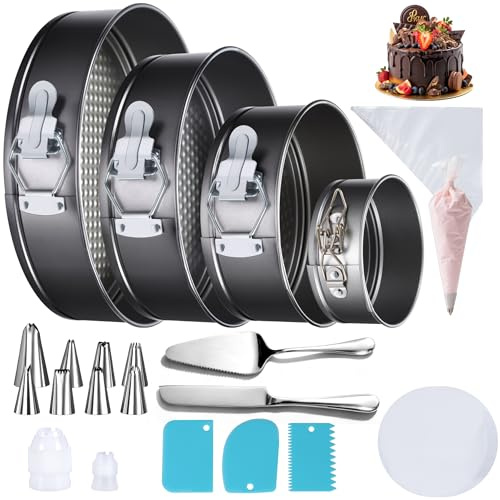 Gymdin 139 Teilig Springform Set - Antihaftbeschichtete, 4 Kuchenform (11/18/23/26cm) + Zubehör zum Dekorieren von Kuchen: Backpapier, Spritzbeutel und Spritztüllen, Teigschaber, Kuchenschneideset