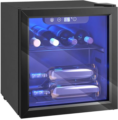HOMCOM Cantinetta Vino Refrigerata 12 Bottiglie 36L, Frigorifero per Vino Temperatura Regolabile 4-16°C con Vetro Anti UV, Ripiani, Compressore, Display Touch, Luci LED, Classe G, Nera