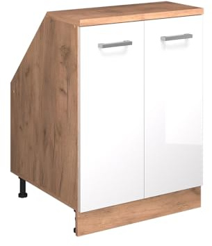 Vicco Dachschrägenschrank Rion, Weiß Hochglanz/Goldkraft Eiche, B60 x T60 cm mit 2 Türen, platzsparend für Dachschrägen