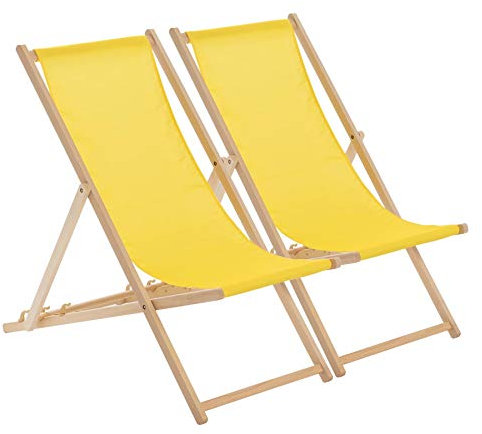 Harbour Housewares Folding Wooden Deck Chairs – Yellow – Pack of 2 – Adults Traditional Foldable Reclining Outdoor Canvas Sun Lounger Chair Seat for Garden Patio, Beach, Camping