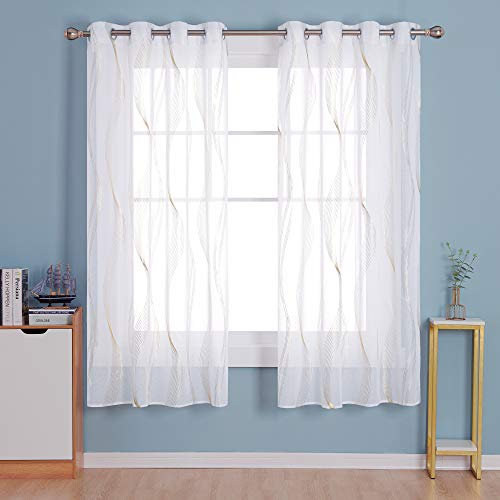 Deconovo Durchsichtige Vorhänge in Leinenoptik Ösenschal Büro Gold Wellenlinie 240x140 cm 2er Set
