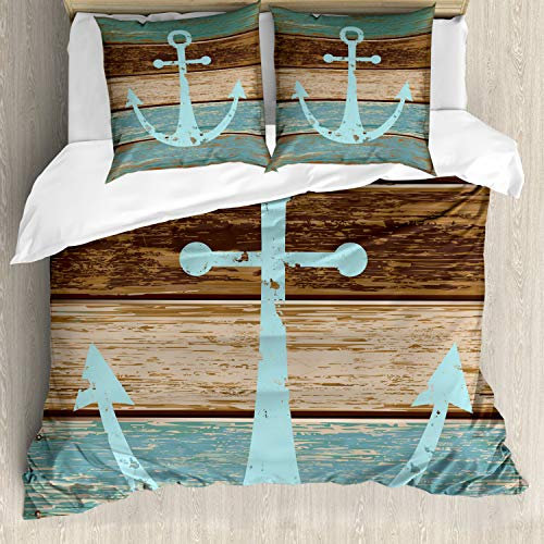 ABAKUHAUS Anker Bettbezugs Set Für Doppelbetten, Nautical Rustic, Milbensicher Allergiker geeignet mit Kissenbezügen, Pale Blue Brown Teal