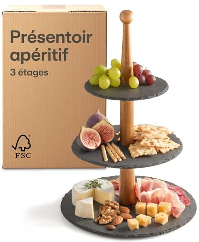 Praknu Présentoir Apéritif en Ardoise Rond avec Base en Bois d’Acacia 𝗙𝗦𝗖® – Étagère à 3 Étages pour Desserts & Fruits – Stable, Résistant – Parfait comme Planche Tapas ou Présentoir à Gâteau