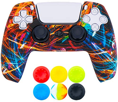 9CDeer 1 Piece of Silicone Transfer Print Protective Thick Cover Skin + 6 Thumb Grips for Playstation 5 / PS5 Controller Black Stream