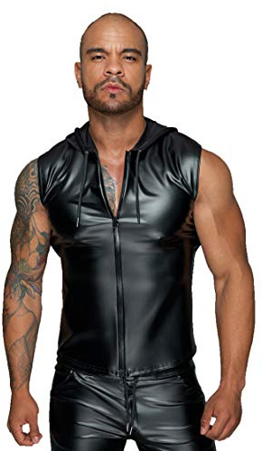 Herren Kapuzenshirt mit Zwei-Wege Reißverschluss Männer Shirt ohne Ärmel in wetlook schwarz