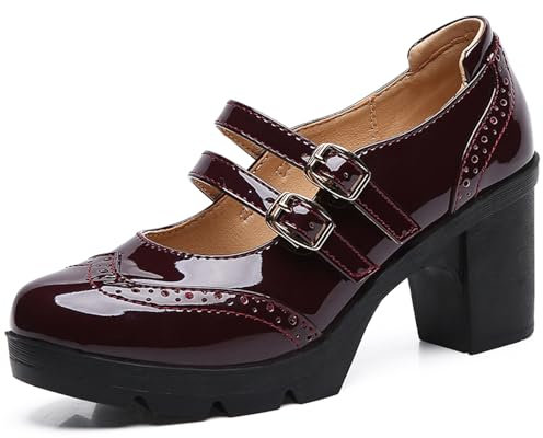 DADAWEN Women's Mid Block Heel Court Shoes Platform Mary Jane Pumps Dress Oxfords Shoe Two Straps Wine Red 5 UK