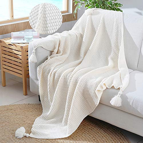 Kuscheldecke Tagesdecke Gestrickte 100% Baumwolle überwurf Decke Ultra Weich Warm Wohn-Kuscheldecke für Baby Couch Bett Sofa Stuhl Auto Büro,130x180cm,4 Jahreszeiten Bettdecke (Weiß)