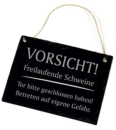 Schiefertafel Schild - Vorsicht! Freilaufende Schweine - Schiefer Schwein Schweinestall Warnschild Zaunschild 22x16cm