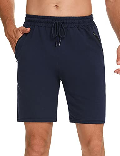 Wayleb Kurze Sporthose Herren Sommer Baumwolle Shorts Leicht Sporthose Gym Kurz Hosen Einfarbig Sweathose Jogginghose mit Reißverschlusstasche, Blau XXL