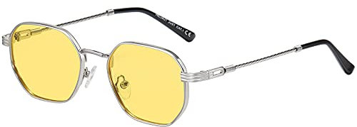 H HELMUT JUST Lunettes de Soleil pour Homme Femme Vintage Hexagonal avec Verres Polarisées Miroir Retro (Plata/Jaune)