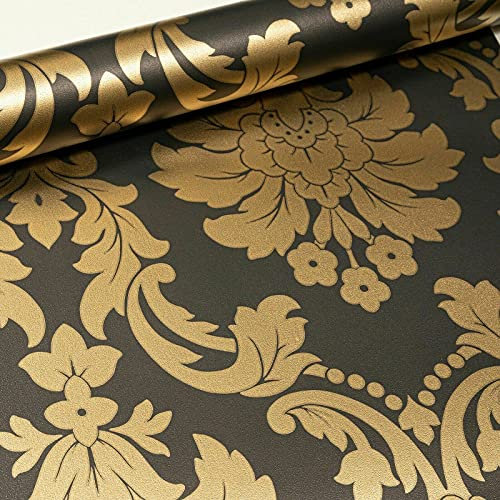 SOPHIE LAURENCE Traditional Vintage Metallic Floral Gold Black Damask Wallpaper for Living Room Bedroom