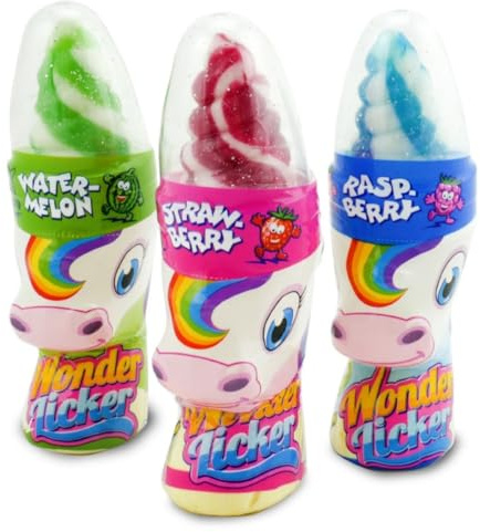 Einhorn Wonder Licker 3er Pack | Zweifarbige Lutscher mit saurem Zitronenpulver | Geschmacksrichtungen: Erdbeere, Himbeere, Wassermelone