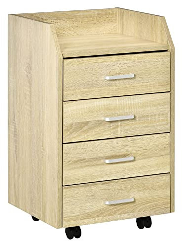 Vinsetto Cajonera de Oficina Mueble Auxiliar para Archivos con 4 Cajones Encimera Superior de Almacenaje 4 Ruedas y 2 Frenos para Estudio Despacho 40x36x65 cm Natural