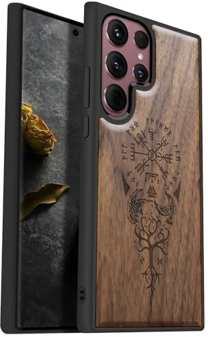 Carveit Wood Case for Galaxy S22 Ultra - Hard Real Wood & Soft TPU Shockproof Protective Cover - Unique & Classy Wooden Case - Compatible with Samsung S22 Ultra (Viking Compass Vegvisir-Walnut)