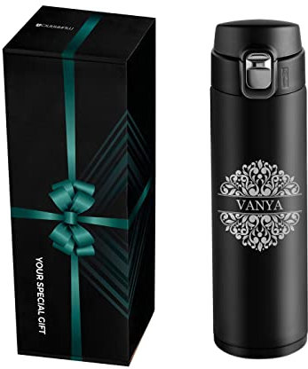 Maverton Thermobecher Kaffeebecher mit Gravur 400 ml - Trinkflasche Edelstahl - auslaufsicher - 100% dicht - Easy-Clean-Deckel - für Frauen zum Geburtstag - schwarz - Verzierung