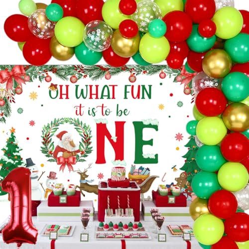 Weihnachts-Party-Dekorationen, Weihnachtsballon-Girlande, Bogen-Set mit Oh What Fun It Is To Be One Hintergrund für Jungen oder Mädchen, Winterurlaub, 1. Geburtstag, Partyzubehör