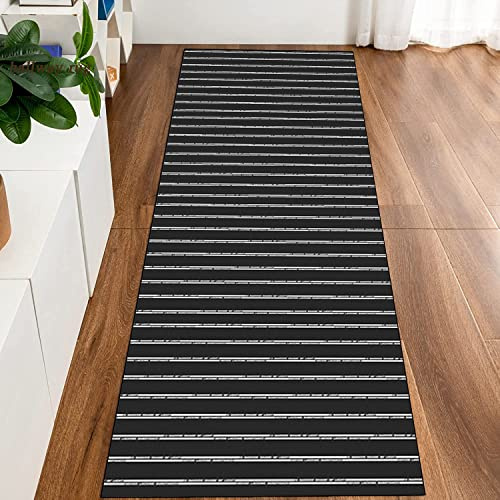 Siunwdiy Teppich Läufer,Küchenteppich Waschbar rutschfest Schwarz Weiß Gestreift Modern Küchenläufer Eingangsteppich Flur Teppich Läufer Meterware,Schwarz,100x250cm