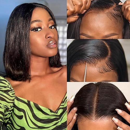 Urshiney Short Straight Bob Wigs for Women Human Hair Echthaar Perücke Damen 4x4 Lace Front Bob Wig Pre Plucked With Baby Hair Von der Dichte Von 180% Ein Natürliches Schwarz 16 zoll (40cm)