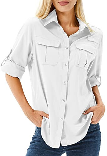 yeyity Hemd Damen UPF 50+ UV Schutz Langarmshirt Damen Outdoor Schnelltrocknend Sommer Shirts Safari Kleidung Wanderhemd Casual Button Down Tops(5071,White,XL)