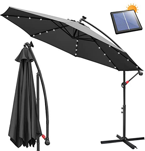 Ansobea Sonnenschirm 300cm Ampelschirm LED Solar mit Kurbel, Alu Marktschirm mit An-/Ausschalter Gartenschirm UV-Schutz und Wasserdicht, Kurbelschirm mit Ständer, Anthrazit