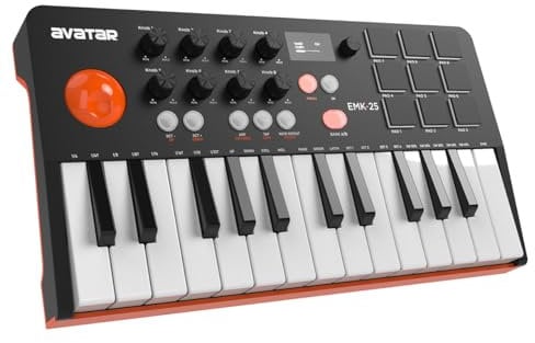 HXW 25 Key Bluetooth MIDI Keyboard Controller, With 9 Backlit Beat Pads, OLED Display, 8 Knobs, Software Included