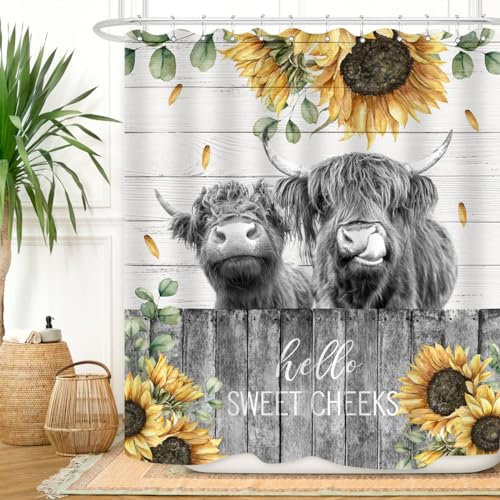 ZXMBF Farmhouse Highland Kuh Duschvorhang Lustiger Rinder Bauernhof Western Holzzaun Rustikale Sonnenblume Dekor Landhaus Badezimmer Dekor Wasserdicht Stoff 183 x 152 cm mit 12 Haken