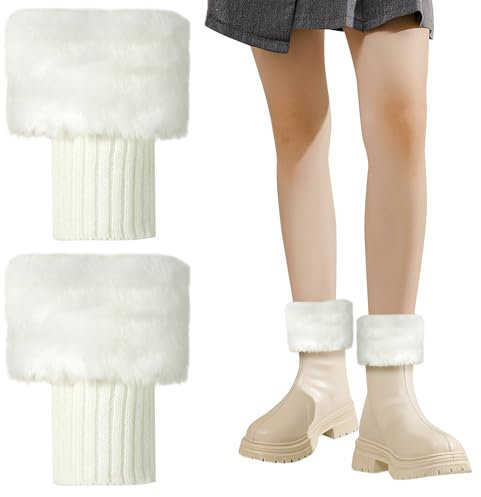 Heveer Beinwärmer Damen Beinstulpen Gestrickte Bein Wärmer Winter Stiefel Abdeckung Kunstpelz Stulpen Damen Mädchen Stiefelstulpen Weiß