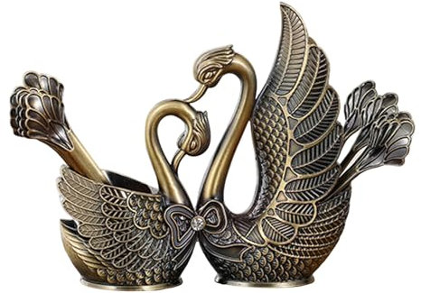 Folpus Cake Spoon Teaspoons Flatware Set Rack, Fruit Dessert Flatware Swan Base Holder, Sliverware Rack Spoon Organizer, Bronze