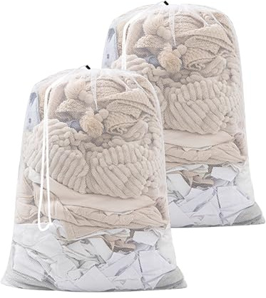 2 Stück weiße Netz-Wäschesäcke, Waschmaschinen-Wäschesäcke, Waschmaschinen-Sockentaschen, empfindliche Kleidung, Wäschenetze, Netztaschen, Netztaschen mit Kordelzug (60 x 90 cm)