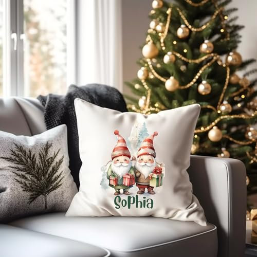 wolga-kreativ Deko-Kissen-bezug Zwerge Wichtel und Name 40x40 cm Namenskissen Geschenk Dekoration Weihnachten Nikolaus Namen Kinder Baby personalisiert
