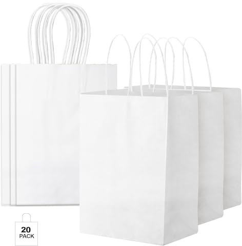 CHARMGIFTBOX 20 Stück 15 x 21 x 8 cm Weiß Papiertüten mit Henkel, Geschenktüten für Ostern, kleine süße Tüten für Kinder- und Erwachsenenpartys, Geburtstage, Hochzeiten, Babypartys