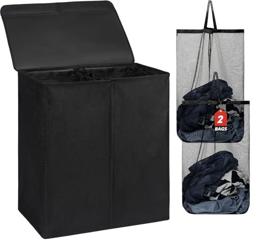 DOKEHOM 150L doppelter Wäschekorb mit Deckel und abnehmbaren Wäschesäcken, großer faltbarer Wäschekorb mit 2 Fächern für Schlafzimmer, Badezimmer, Waschküche, College (Schwarz)