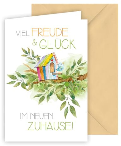 KE - Liebevolle Glückwunschkarte zum Umzug, inkl. Umschlag, DIN B6 Format, Umzugsgrüße für neues Heim, beige, Motiv: Vogelhäuschen