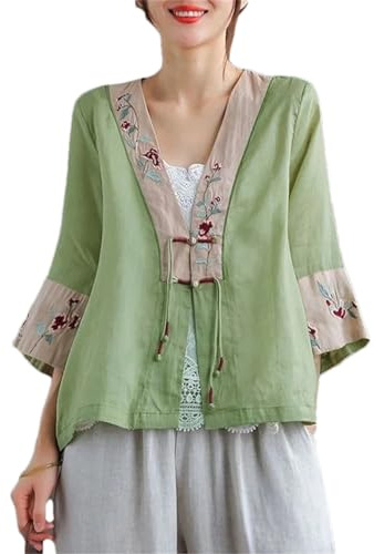 BoShiNuo Broderie chinoise Hanfu Tops National Tang Costume Chemise Col V Femmes Chemisier Traditionnel Cardigan Décontracté Lâche, EN8, XL