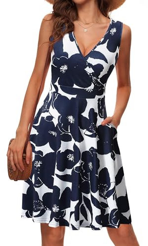 LIAMERHE Robe Femme sans Manches Col V Elegant Robes Ete Robe de Plage D'été 2024 A-Line Casual Robe Marine XL