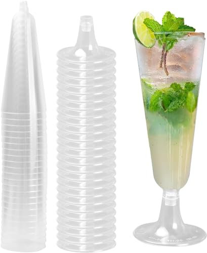 Granvoo 25 Piezas Copas de Champán de Plástico, 150ml Flautas Champagne Transparentes, Copas de Cava, Copas de Vino de Fiesta con Tallo Reutilizables para Fiesta Celebración Aniversario Bodas