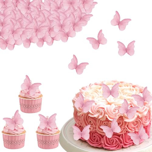 DazzJoy Schmetterlinge Tortendeko Essbar,Rosa Cake Topper,48 Stück Rosa Schmetterling Essbare Tortendeko,Esspapier Tortendeko Geburtstag,Essbare Schmetterlinge für Torte Hochzeit,Cupcake Topper