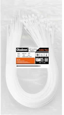 Oksdown 100 Pezzi 500mm x 4.8mm Bianco Nylon Fascette Plastica Bianche Fascette Elettricista per Gestione dei Cavi Elettrici Giardinaggio
