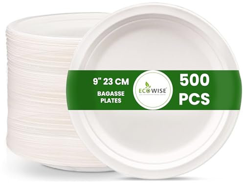 EcoWise 500 Disposable Bagasse Plates - 9 Inch Eco-Friendly Sugarcane Fibre Compostable White Paper Plates - Microwave-Safe Natural Party Plates for Hot & Cold Food