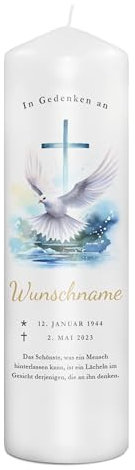 PhotoFancy® - Personalisierte Trauerkerze - Fotokerze mit eigenem Foto/Text bedrucken lassen - Kerze mit Design: Himmelstaube - 29 cm Höhe