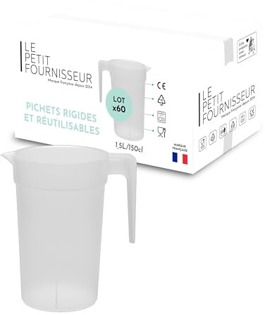 LPF LE PETIT FOURNISSEUR - Lot de 60 Pichets réutilisables 1,5 Litre - Polypropylène plastique alimentaire rigide - Carafe à eau, thé glacé, boissons - Compatible lave-vaisselle - Transparent Givré