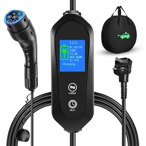 Yigowyigo EV Charger Cable Type 2 to 3 Pin Plug, 10M 3.3kW IP67 Type 2 Charging Cable with LED Screen, 6/8/10/13A Adjustable Current, 3 Pin EV Charger, 1-12 Hours Delayed Timer EV Charging Cable
