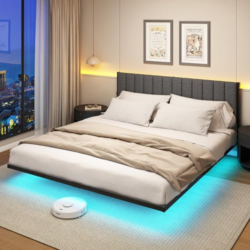 DUMEE Double Bed Frame with Upholstered Headboard, 4ft6 Floating Upholstered Bed Frame Doule Bed with Charging Station and LED Light, Metal Slats Support, Gray Double Bed