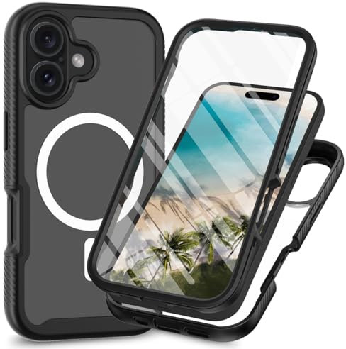 Sawiqpd for iPhone 16 5G Case with Built-in Screen Protector, Compatible with Magsafe, Heavy Duty Shockproof Clear Phone Case 360 Full Body Protective Cover for iPhone 16 6.1, Black