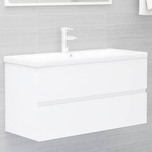 Sufrk Meuble lavabo blanc 90 x 38,5 x 45 cm en bois multicouche-meuble de salle de bain suspendu mobilier moderne en bois