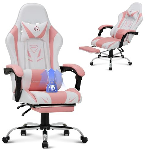 COLAMY Gaming Chair, Computer Chair with Footrest and Lumbar Support, Height Adjustable Gaming Chair with 360°-Swivel Seat and Headrest, Pink