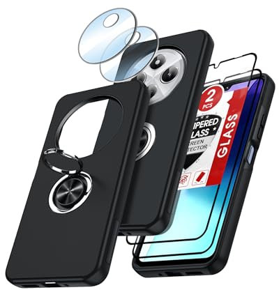 LeYi Hülle für Xiaomi Redmi 14C 4G/5G Handyhülle kompatibel mit 2*Schutzfolie & 2*Kamera Folie, TPU+PC Militärschutz Hybrid Schutzhülle mit 360 Grad Drehbar Metall Ring Ständer Stoßfest Case Schwarz